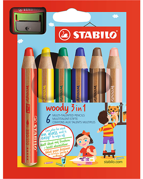 Stabilo Matitoni 3 in 1 Woody -Astuccio da 6 con temperino Disegnare e Colorare