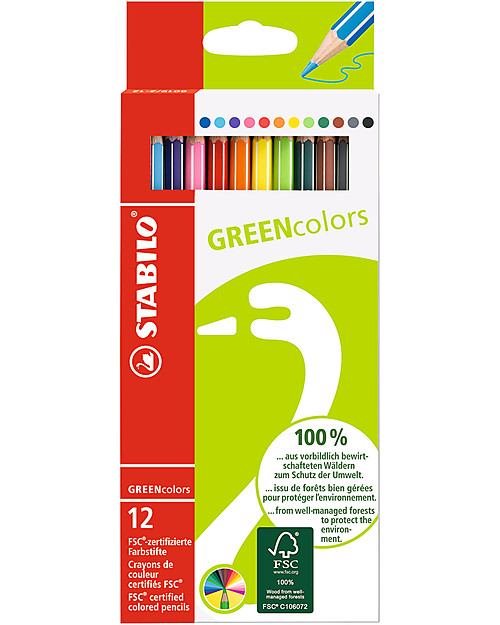 Stabilo Pastelli Colorati Ecologici GREENcolors - Astuccio in cartone riciclato, 12 pastelli Disegnare e Colorare