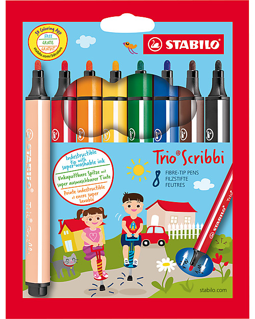 Stabilo Pennarelli Ergonomici Trio Scribbie, astuccio da 8 - colori assortiti Disegnare e Colorare