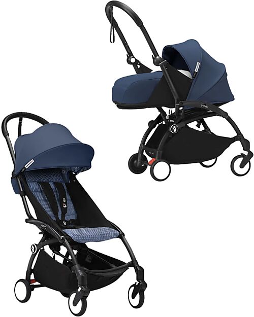 Stokke Passeggino Duo YOYO3 Air France Blu - Telaio Nero - Seduta 6+ e Kit Neonati 0+ Passeggini Leggeri