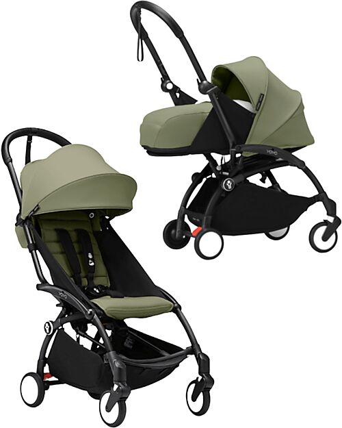 Stokke Passeggino Duo YOYO3 Oliva - Telaio Nero - Seduta 6+ e Kit Neonati 0+ Passeggini Trio e Duo