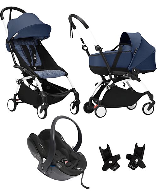 Stokke Passeggino Trio YOYO3 - Telaio Bianco + Navicella Bassinet Air France Blu 0+ e 6+ Seggiolino Auto + Adattatori Passeggini Leggeri