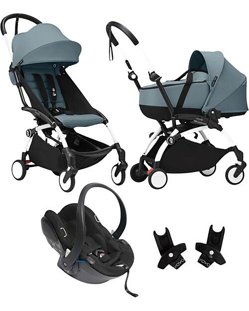 Stokke Passeggino Trio YOYO3 - Telaio Bianco + Navicella Bassinet Aqua 0+ e 6+ Seggiolino Auto + Adattatori Passeggini Leggeri