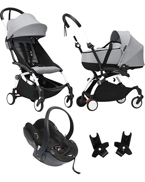 Stokke Passeggino Trio YOYO3 - Telaio Bianco + Navicella Bassinet Grigio 0+ e 6+ Seggiolino Auto + Adattatori Passeggini Leggeri