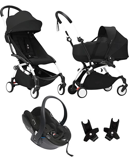 Stokke Passeggino Trio YOYO3 - Telaio Bianco + Navicella Bassinet Nero 0+ e 6+ Seggiolino Auto + Adattatori Passeggini Leggeri