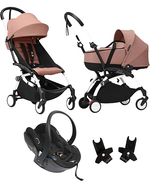 Stokke Passeggino Trio YOYO3 - Telaio Bianco + Navicella Bassinet Rosa 0+ e 6+ Seggiolino Auto + Adattatori Passeggini Leggeri