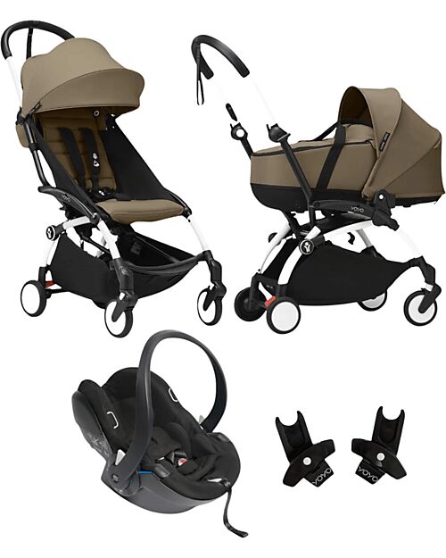 Stokke Passeggino Trio YOYO3 - Telaio Bianco + Navicella Bassinet Toffee 0+ e 6+ Seggiolino Auto + Adattatori Passeggini Leggeri