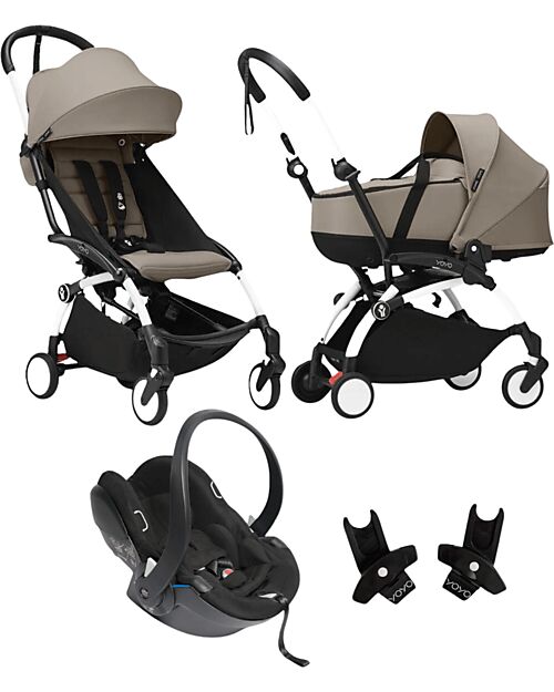 Stokke Passeggino Trio YOYO3 - Telaio Bianco + Navicella Bassinet Tortora 0+ e 6+ Seggiolino Auto + Adattatori Passeggini Leggeri