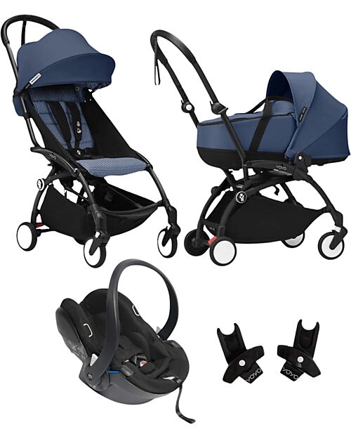 Stokke Passeggino Trio YOYO3 - Telaio Nero + Navicella Bassinet Air France Blu 0+ e 6+ Seggiolino Auto + Adattatori Passeggini Leggeri