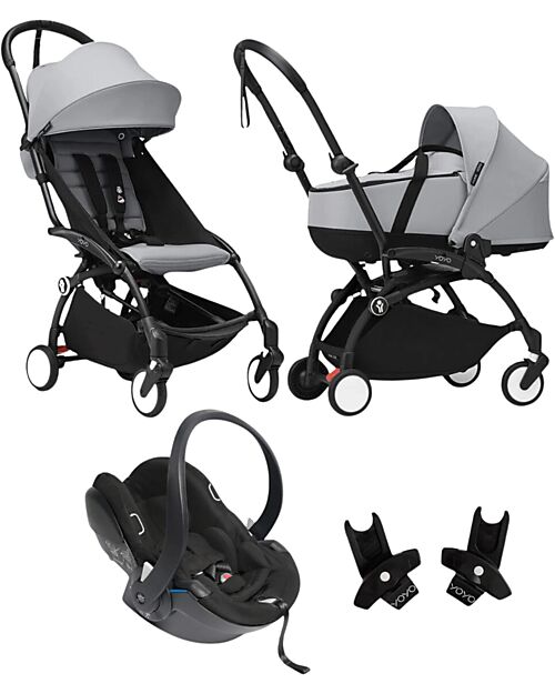Stokke Passeggino Trio YOYO3 - Telaio Nero + Navicella Bassinet Grigio 0+ e 6+ Seggiolino Auto + Adattatori Passeggini Leggeri