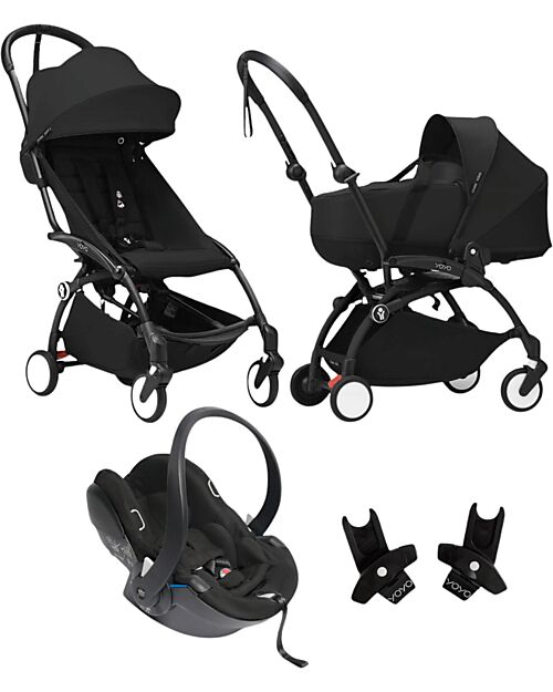 Stokke Passeggino Trio YOYO3 - Telaio Nero + Navicella Bassinet Nero 0+ e 6+ Seggiolino Auto + Adattatori Passeggini Leggeri