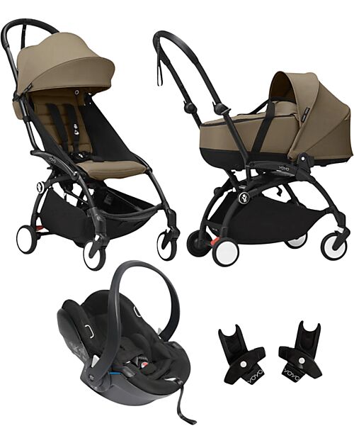 Stokke Passeggino Trio YOYO3 - Telaio Nero + Navicella Bassinet Toffee 0+ e 6+ Seggiolino Auto + Adattatori Passeggini Leggeri