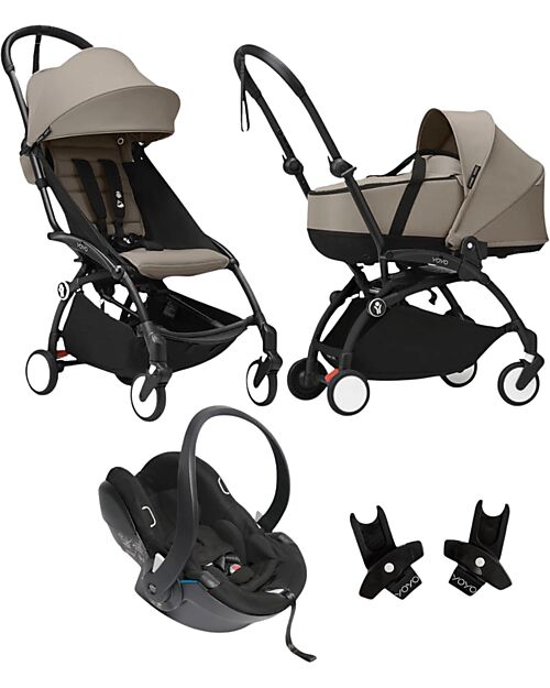 Stokke Passeggino Trio YOYO3 - Telaio Nero + Navicella Bassinet Tortora 0+ e 6+ Seggiolino Auto + Adattatori Passeggini Leggeri