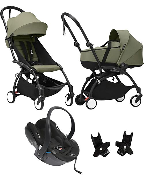 Stokke Passeggino Trio YOYO3 - Telaio Nero + Navicella Bassinet Verde 0+ e 6+ Seggiolino Auto + Adattatori Passeggini Leggeri