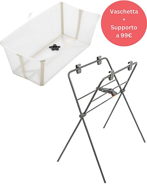 Stokke Promo Vaschetta da Bagno Pieghevole Flexi Bath Beige + Supporto Vaschette e Accessori