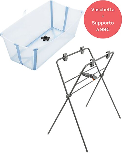 Stokke Promo Vaschetta da Bagno Pieghevole Flexi Bath Blu + Supporto Vaschette e Accessori