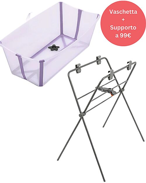 Stokke Promo Vaschetta da Bagno Pieghevole Flexi Bath Lavanda + Supporto Vaschette e Accessori
