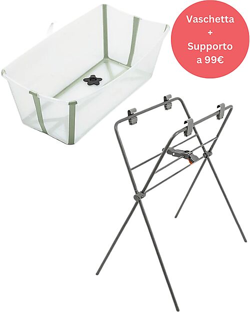 Stokke Promo Vaschetta da Bagno Pieghevole Flexi Bath Verde + Supporto Vaschette e Accessori