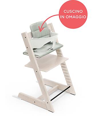 Stokke Sedia Evolutiva Tripp Trapp Bianco Calce in Legno di Faggio + Cuscino Glacier Green Omaggio! Seggioloni Pappa