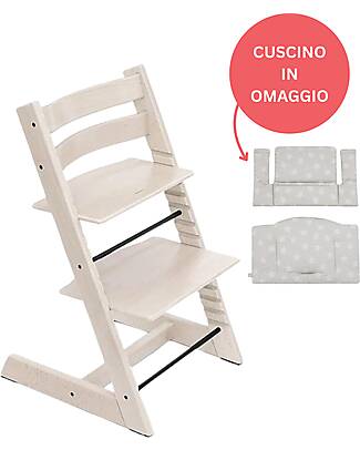 Stokke Sedia Evolutiva Tripp Trapp Bianco Calce in Legno di Faggio + Cuscino Star Silver Omaggio! Seggioloni Pappa
