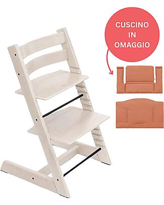 Stokke Sedia Evolutiva Tripp Trapp Bianco Calce in Legno di Faggio + Cuscino Terracotta Omaggio! Seggioloni Pappa