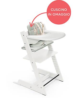 Stokke Sedia Evolutiva Tripp Trapp Bianco in Legno di Faggio + Cuscino Glacier Green Omaggio! Seggioloni Pappa