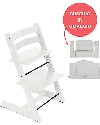 Stokke Sedia Evolutiva Tripp Trapp Bianco in Legno di Faggio + Cuscino Star Silver Omaggio! Seggioloni Pappa