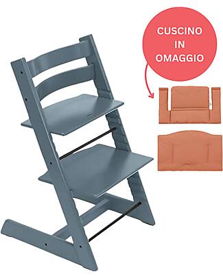 Stokke Sedia Evolutiva Tripp Trapp Fjord Blue in Legno di Faggio + Cuscino Terracotta Omaggio! Seggioloni Pappa