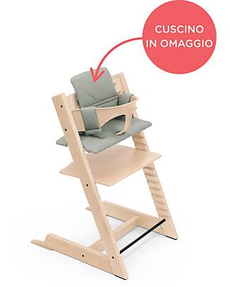 Stokke Sedia Evolutiva Tripp Trapp Naturale in Legno di Faggio + Cuscino Glacier Green Omaggio! Seggioloni Pappa