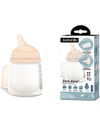 Suavinex Biberon Anti-Colica Zero.ZeroTM - 180 ml - Dalla Nascita per Allattamento Misto Biberon Anti-Colica