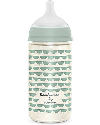 Suavinex Biberon Bonhomia in Vetro - 240 ml - Piuma Rosa - 3+ - con tettarella Simmetrica SX Pro Biberon_