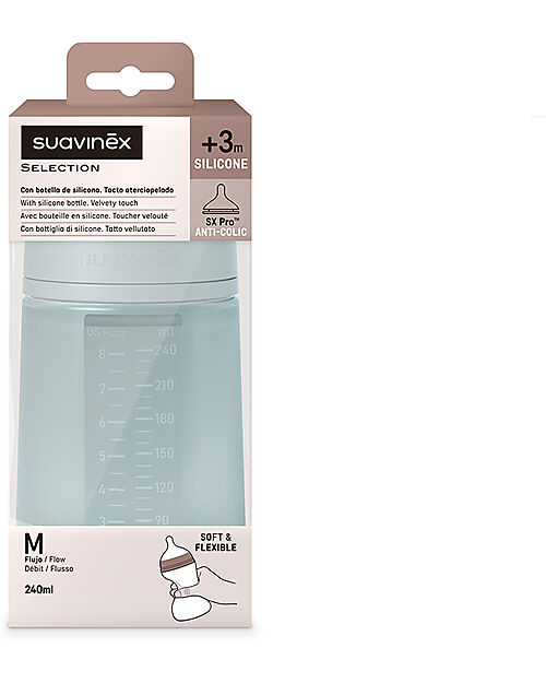 Suavinex Biberon Color Essence in Silicone - 240 ml - Acqua - con Tettarella Simmetrica SX Pro - dai 3 Mesi Biberon_
