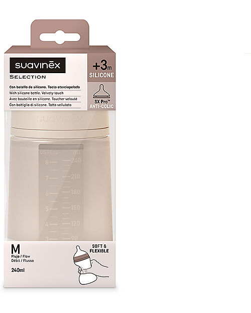 Suavinex Biberon Color Essence in Silicone - 240 ml - Nude - con Tettarella Simmetrica SX Pro - dai 3 Mesi Biberon_