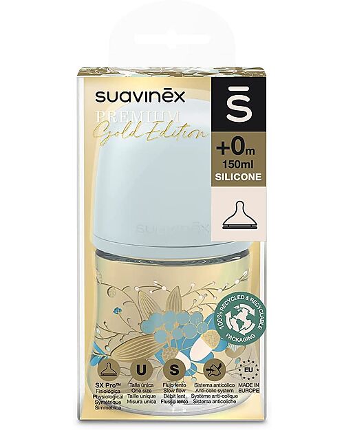 Suavinex Biberon Gold Edition con tettarella SXPro™ - 150ml Azzurro - dalla Nascita Biberon_