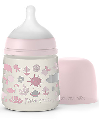 Suavinex Biberon Memories con Tettarella Simmetrica SX Pro - 150 ml - dalla Nascita - Rosa Biberon Anti-Colica