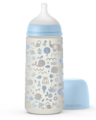 Suavinex Biberon Memories con Tettarella Simmetrica SX Pro - 360 ml - Flusso Denso dai 6 Mesi - Azzurro Biberon Anti-Colica