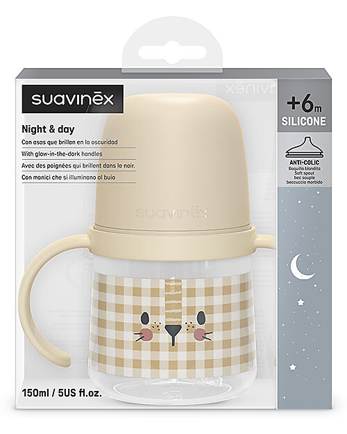 Suavinex Biberon Night&Day - con Manici 150ml - Tecnologia Antigoccia - Leone - dai 4 Mesi Biberon_
