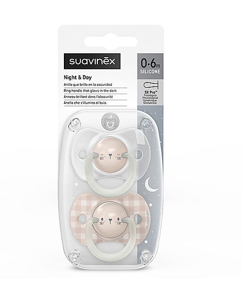 Suavinex Set di 2 Ciucci Night&Day - Tettarella Simmetrica SX Pro in Silicone - Coniglio - 0-6 Mesi Ciucci