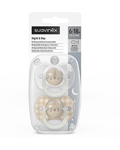 Suavinex Set di 2 Ciucci Night&Day - Tettarella Simmetrica SX Pro in Silicone - Leone - 6-18 Mesi Ciucci