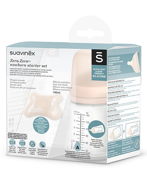 Suavinex Set Nascita Biberon 180ml + Succhietto Zero.zero sx Pro - Adatto anche ai Neonati Prematuri Ciucci