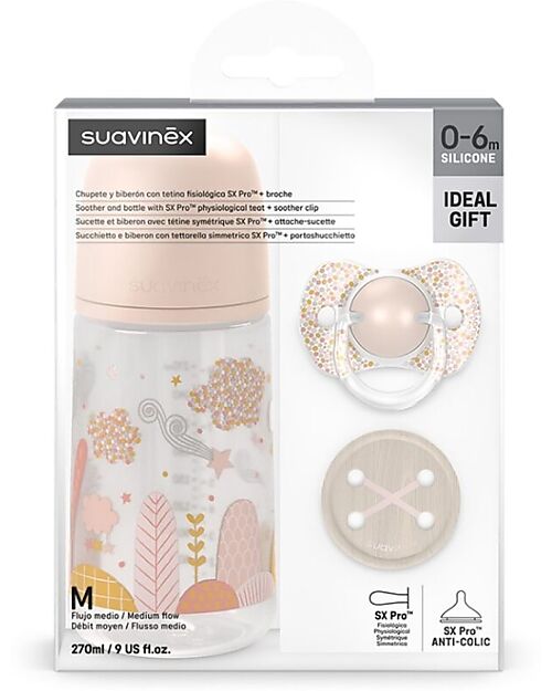 Suavinex Set Nascita Dreams - Biberon Ciuccio e Clip Portaciuccio - Rosa - Perfetta Idea Regalo! Ciucci