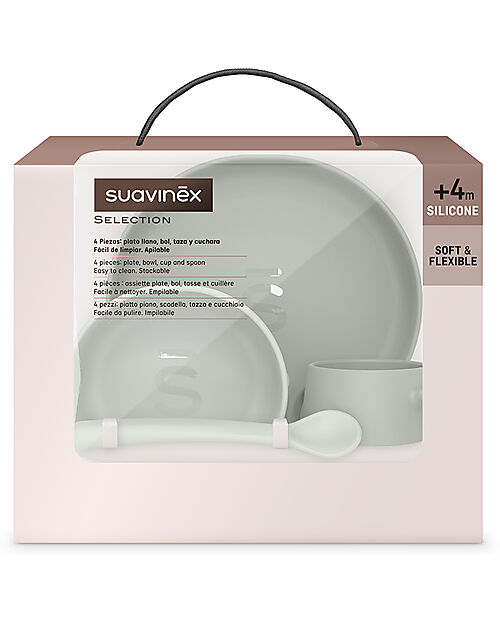 Suavinex Set Pappa Color Essence in Silicone - Piatto/Scodella/Tazza e Cucchiaio - Verde Set Pappa