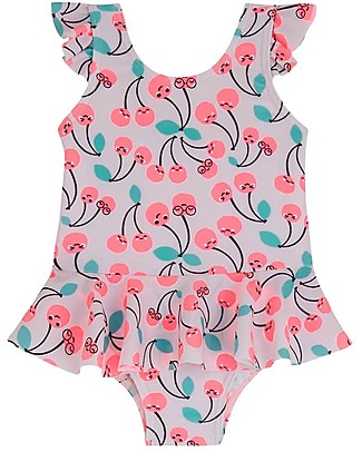 The Bonnie Mob Costume Intero con Volant Kid Seaside - Ciliegie - Tessuto Riciclato Costumi Interi