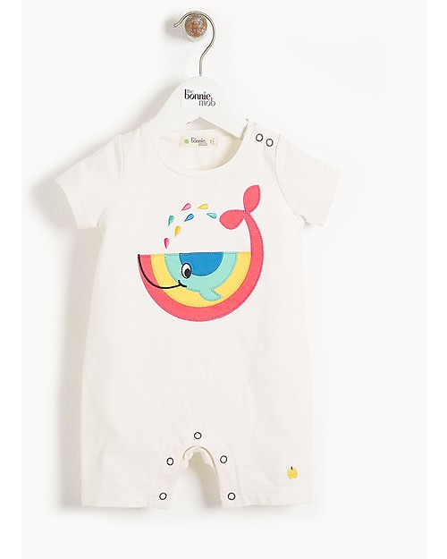 The Bonnie Mob Tutina Maniche Corte con Applique Ischia - Balena Arcobaleno - Cotone bio elasticizzato Tutine Corte