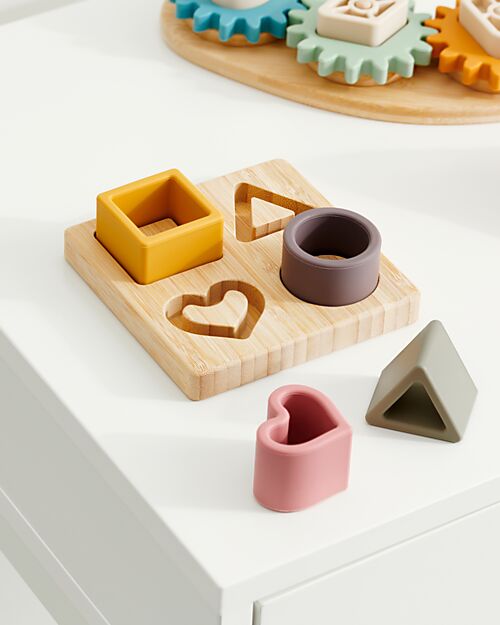 tickit Gioco Puzzle di Forme Geometriche a Incastro - Terra - Legno di Bambù e Silicone Alimentare Incastri in Legno