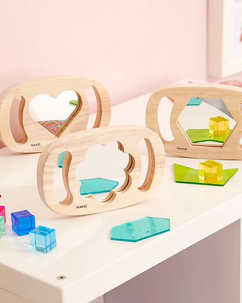 tickit Set 3 Giochi Sensoriali in Legno di Gomma FSC - Specchi con Forme - Easy Hold - 12m+ Giochi Sensoriali_