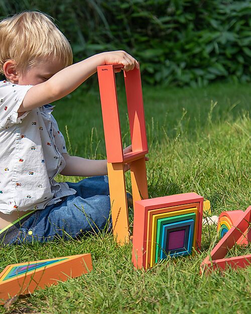 tickit Set Architetto in Legno Massello di Faggio - Arcobaleno - 28 Pezzi - 12m+ Costruzioni in Legno