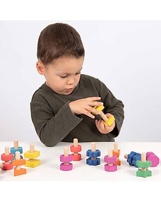 tickit Set Gioco Dadi e Bulloni - Arcobaleno - 28 Pezzi - Legno di Faggio - da 12 Mesi Incastri in Legno