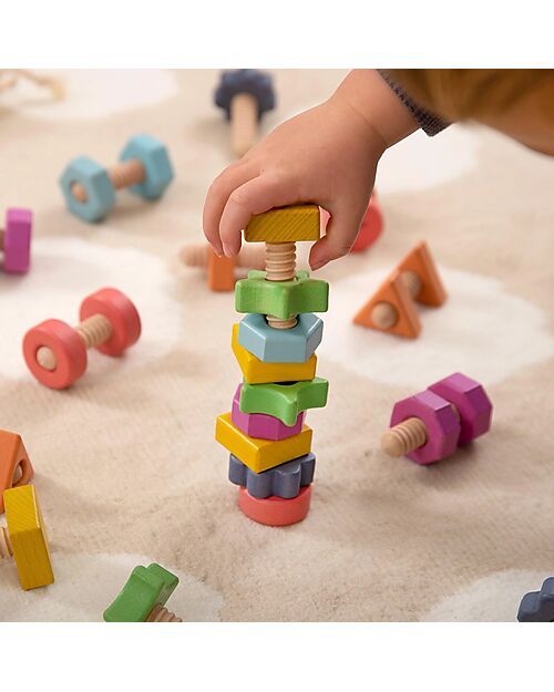 tickit Set Gioco Dadi e Bulloni - Arcobaleno - 28 Pezzi - Legno di Faggio - da 12 Mesi Incastri in Legno