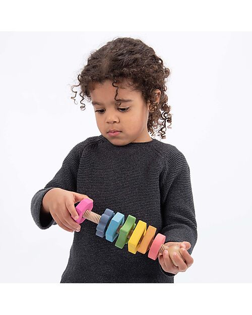 tickit Twister - 1 Bullone e 7 Dadi - Arcobaleno - Legno Massello - da 18 Mesi Incastri in Legno